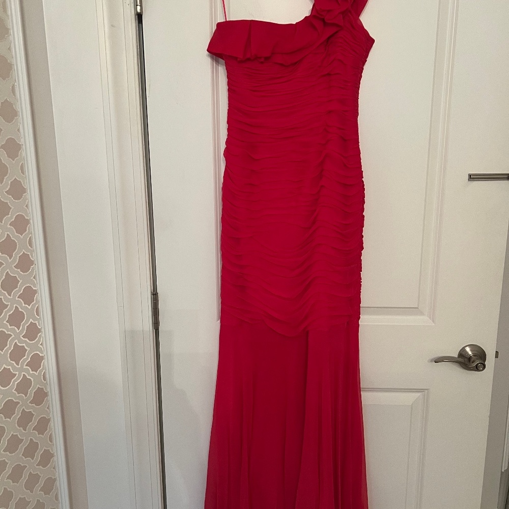 Teri Jon One-Shoulder Ruffled Evening Gown in Red